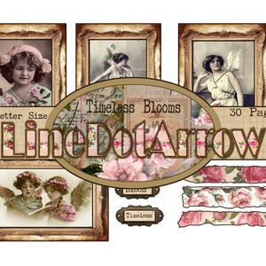 May include: A collection of vintage-style images and decorative elements. The central design features the text "LineDotArrow" with floral accents, surrounded by framed portraits and floral borders. The words "Timeless Blooms" and "30 Pages" are also visible.
