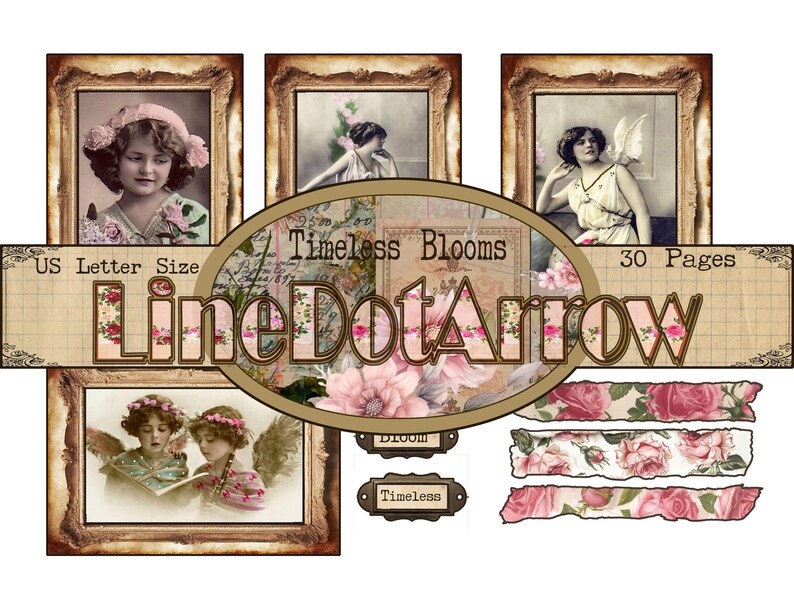 May include: A collection of vintage-style images and decorative elements. The central design features the text "LineDotArrow" with floral accents, surrounded by framed portraits and floral borders. The words "Timeless Blooms" and "30 Pages" are also visible.