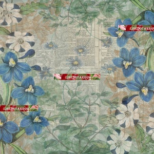 May include: A vintage botanical illustration featuring blue and white flowers on a newspaper background. The text "LINE DOT ARROW" appears three times in red.