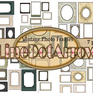 Könnte beinhalten: Eine Sammlung von Vintage-Bilderrahmen mit verschiedenen Designs und Stilen. Die Rahmen sind in verschiedenen Farben, darunter Gold, Braun, Grün und Schwarz. Die Rahmen sind in einem Rastermuster auf weißem Hintergrund angeordnet. Der Text "Vintage Photo Frames" und "LineDotArrow" ist im Bild sichtbar. Der Text "7 pages" ist ebenfalls im Bild sichtbar.