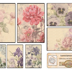 K&ouml;nnte beinhalten: Ein digitales Papierpaket mit 11 Seiten Vintage-Blumenmustern. Die Designs zeigen verschiedene Blumen in Rosa-, Lila- und Blaut&ouml;nen auf einem strukturierten Hintergrund.