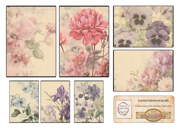 K&ouml;nnte beinhalten: Ein digitales Papierpaket mit 11 Seiten Vintage-Blumenmustern. Die Designs zeigen verschiedene Blumen in Rosa-, Lila- und Blaut&ouml;nen auf einem strukturierten Hintergrund.