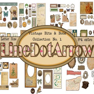 May include: A digital collage sheet collection titled Vintage Bits & Bobs Collection No. 1 by LineDotArrow, featuring various ephemera, vintage illustrations, butterflies, floral patterns, and paper scraps on a grid background in US Letter Size.