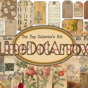 Op de afbeelding: Een digitale collagekit met A4-pagina's met labels in vintage-stijl, bloemenillustraties, handgeschreven tekst, cijfers en rasterpatronen. De centrale ovale afbeelding toont de tekst The Tag Collector's Kit en LineDotArrow.