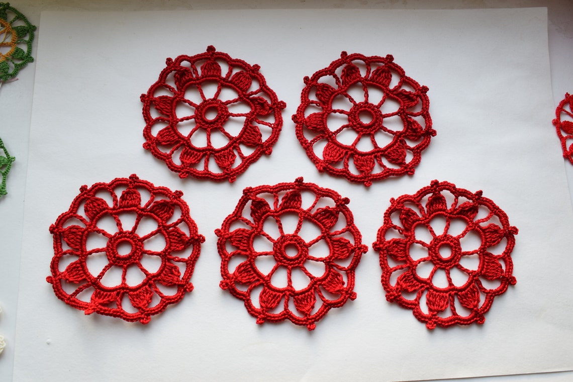 Crochet coasters for red home decor. Big flowers. Etsy