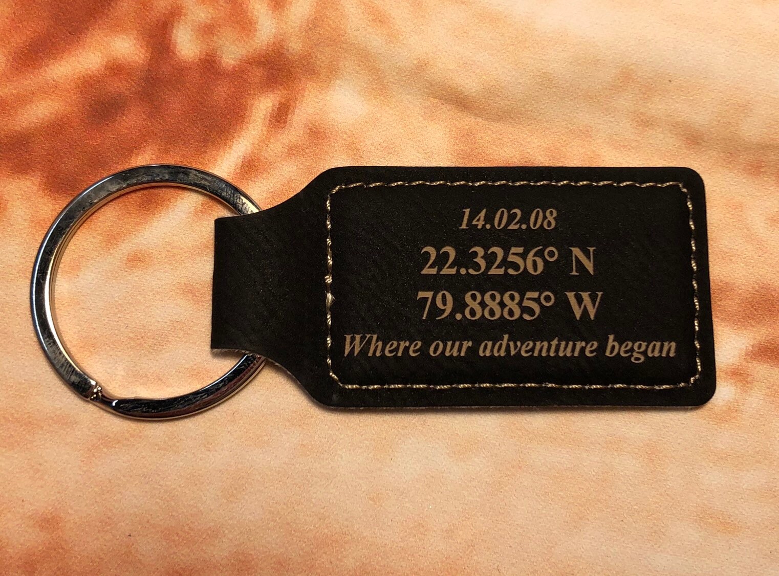 Keychain,black, custom,coordinates,madetoorder, leather, engraved, an…