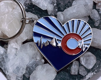 Colorado Mountain Heart Keychain, Enamel Nickel, Denver Gift