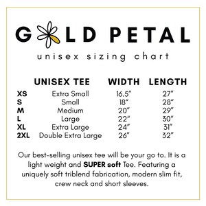 May include: Unisex tee sizing chart with measurements in inches. The chart shows sizes XS through 2XL with corresponding width and length measurements. The text "SUPER soft" is highlighted in the description below the chart.
