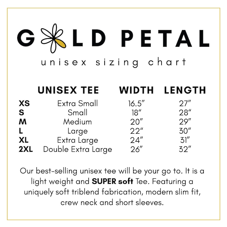 May include: Unisex tee sizing chart with measurements in inches. The chart shows sizes XS through 2XL with corresponding width and length measurements. The text "SUPER soft" is highlighted in the description below the chart.