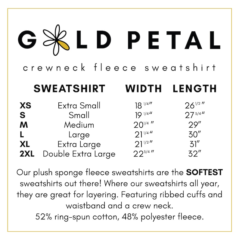 May include: A size chart for a crewneck fleece sweatshirt. The chart shows the sweatshirt size, width, and length in inches. The sweatshirt is made of 52% ring-spun cotton and 48% polyester fleece.