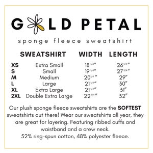 May include: A size chart for a sponge fleece sweatshirt from Gold Petal. The chart shows sizes XS through 2XL with corresponding width and length measurements in inches.