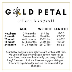 May include: White background with the text "GOLD PETAL infant bodysuit." Size chart shows age, weight in pounds, and length in inches for newborn to 24-month-old babies. The text also mentions the bodysuits are lightweight and soft.