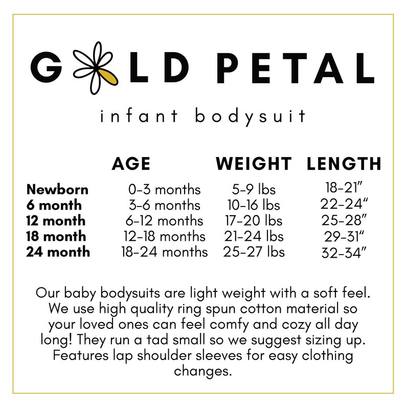 May include: White background with the text "GOLD PETAL infant bodysuit." Size chart shows age, weight in pounds, and length in inches for newborn to 24-month-old babies. The text also mentions the bodysuits are lightweight and soft.