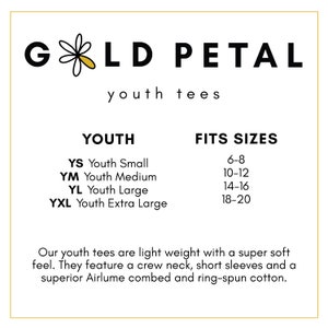 May include: Gold Petal youth tees size chart. The chart shows youth sizes from XS to XL and corresponding age ranges from 6-8 to 18-20.