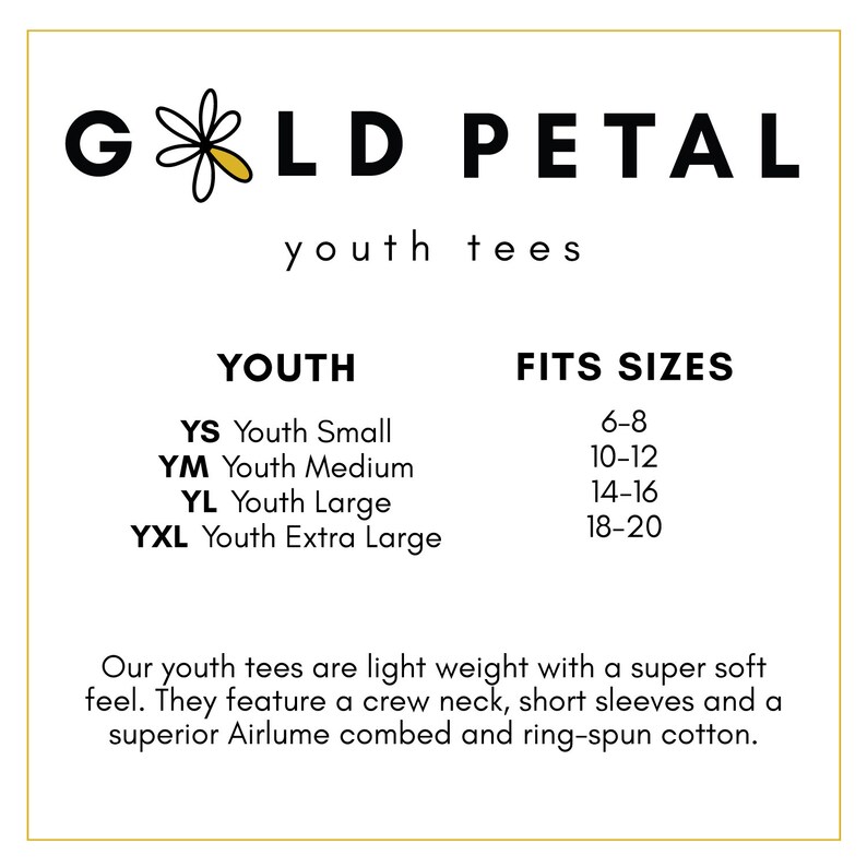 May include: Gold Petal youth tees size chart. The chart shows youth sizes from XS to XL and corresponding age ranges from 6-8 to 18-20.