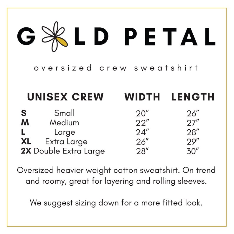 May include: Size chart for a unisex crew neck sweatshirt in sizes small, medium, large, extra large, and double extra large. The chart shows the width and length of each size in inches.