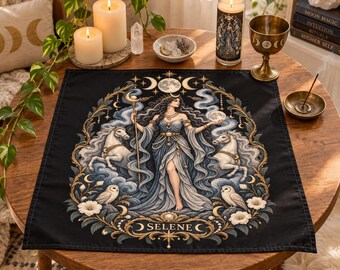 Tovaglia d'altare di Selene, tovaglia con la dea greca della luna e i tarocchi, decorazione celeste pagana wiccan per altare.