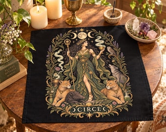 Tovaglia d'altare di Circe, dea greca strega, tovaglia per tarocchi, decorazione per altare pagano con erbe e magia.