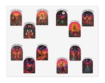 Foglio di adesivi con i segni zodiacali ascendenti, 12 adesivi con i segni astrologici, decalcomanie celesti colorate