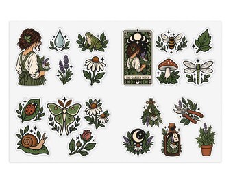 Foglio di adesivi "Garden Witch", adesivi botanici con erbe e funghi, decorazioni per agenda e diario in stile cottagecore.