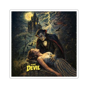 May include: A rectangular sticker featuring a gothic illustration of a vampire in a black cape leaning over a person in a white dress. The background shows a dark castle, a full moon, lightning, and bats. The yellow text THE DEVIL is at the bottom.