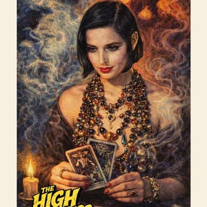 May include: A print featuring a person with dark hair wearing a multi-strand beaded necklace, holding two tarot cards. The text reads THE HIGH PRIESTESS and The truth reveals itself to the silent mind. A lit candle and smoke are visible in the background.