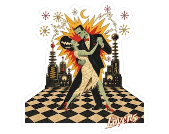 Adesivo Tarocchi degli Amanti / Tango di Frankenstein e della Sposa, Decalcomania Retro Horror con Fustellatura