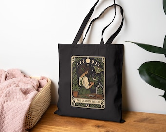 Borsa tote da strega del giardino, borsa in tela di cotone con tarocchi botanici, regalo per erboristi, borsa tote per mercatino delle streghe in stile cottagecore