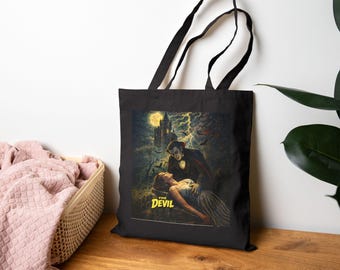 Borsa tote con motivo Tarocchi del Diavolo / Borsa tote vintage in tela con tema horror e vampiri
