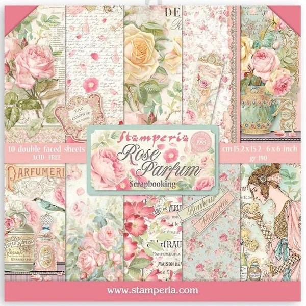 Stamperia Rose Parfum 12x12 Paper Pad, Stamperia Rose Parfum Collection, Pink Roses Scrapbook Paper, Double Sided Cardstock