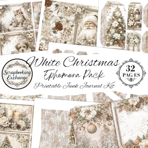 May include: A collection of printable ephemera for junk journals, featuring a "White Christmas" theme. The kit includes 32 pages with images of Santa Claus, Christmas trees, kittens, puppies, and floral arrangements in a vintage style.