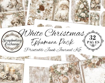 White Christmas Ephemera Kit | 32 Neutral PNG Pages | Tags, Pockets, Envelopes, Cards & Lined Pages | Junk Journal Christmas Printables