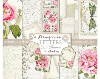 Stamperia Letters and Flowers 12x12 Paper Pad, Stamperia Letters and Flowers Collection, Floral Scrapbook Paper, Double Sided Cardstock