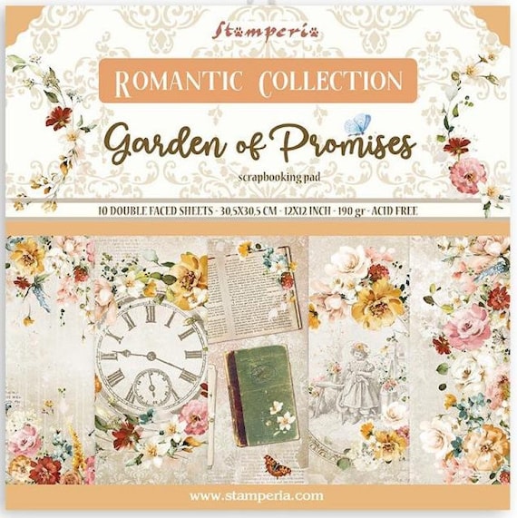 Stamperia Garden of Promises 12x12 Paper Pad, Stamperia Romantic Collection,  Floral Scrapbook Paper, 12x12 Cardstock, Double Sided Cardstock 