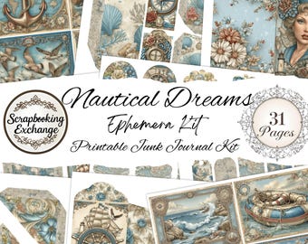 Sueños Náuticos – Kit de Efímeras Digitales / Efímeras Náuticas Vintage Recortables / Imprimibles para Diarios de Basura / Etiquetas, Tarjetas, Bolsillos y Más