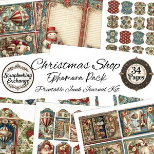 May include: A collection of Christmas-themed ephemera for junk journals. The kit includes various decorative papers, tags, and cards with vintage illustrations of Santa Claus, snowmen, hot air balloons, and floral designs. The kit contains 34 pages.