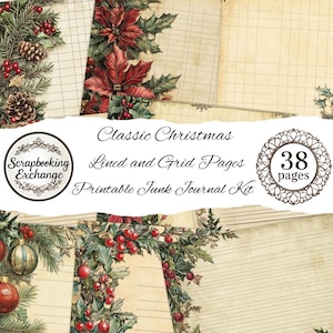 Könnte beinhalten: Eine Sammlung von Scrapbook-Seiten im Vintage-Stil zum Thema Weihnachten. Die Seiten weisen linierte und karierte Designs auf, verziert mit festlichen Elementen wie Weihnachtssternen, Stechpalmen, Tannenzapfen und Ornamenten. Der Text lautet "Classic Christmas Lined and Grid Pages Printable Junk Journal Kit".
