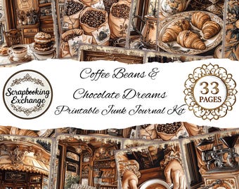 Coffee Beans and Chocolate Dreams Junk Journal Kit – Digital Printable Coffee Journal, Vintage Cafe Ephemera, Neutral Brown Aesthetic