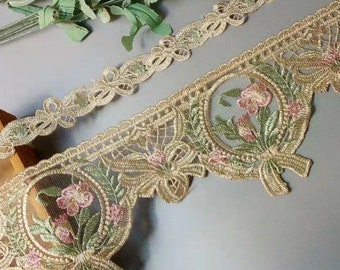 Vintage Style Lace Trim by the Yard, Shabby Chic, Floral Lace, Pink and Beige