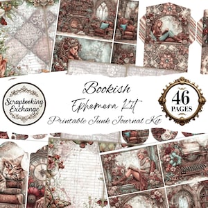 Può includere: Un collage di elementi effimeri stampabili per junk journal a tema libreria. Il design presenta illustrazioni di lettura, interni vintage ed elementi floreali. Il kit include 46 pagine ed è di Scrapbooking Exchange.