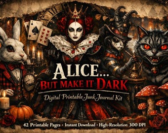 May include: A digital printable junk journal kit featuring a dark fantasy illustration with a rabbit, a queen in a crown, a horned figure, and a cat with red eyes. The text reads ALICE... BUT MAKE IT DARK Digital Printable Junk Journal Kit.