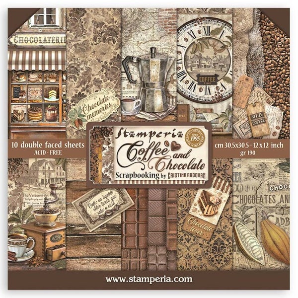 Stamperia coffee and chocolate 12x12 paper pad, stamperia coffee and chocolate collection, vintage scrapbook paper, double sided cardstock