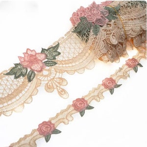 Shabby Chic Lace Trim By the Yard, Roses and Lace, Beige and Pink