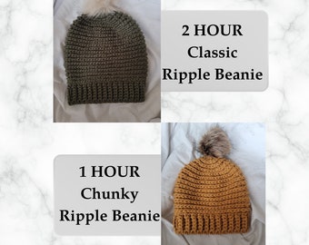 CROCHET BEANIE PATTERN - 2 Pack - 1 Hour Chunky Ripple + 2 Hour Classic Ripple Beanie Patterns - Quick and Easy Hat Women Men Beginner