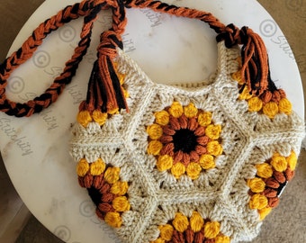 CROCHET BAG PATTERN - Sunflowers & Daisies Crochet Bag - Sunflowers Daisies Over the Shoulder Bag Purse Crossbody Hexagons