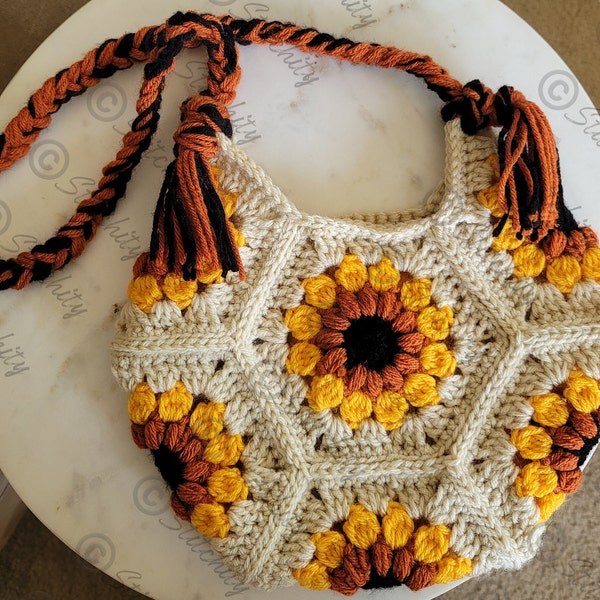 CROCHET BAG PATTERN - Sunflowers & Daisies Crochet Bag - Sunflowers Daisies Over the Shoulder Bag Purse Crossbody Hexagons