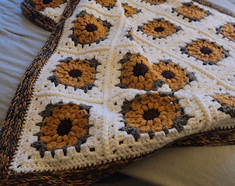 CROCHET BLANKET PATTERN - Vintage Sunflower Throw - Granny Squares Blanket Bedspread U.S Terms