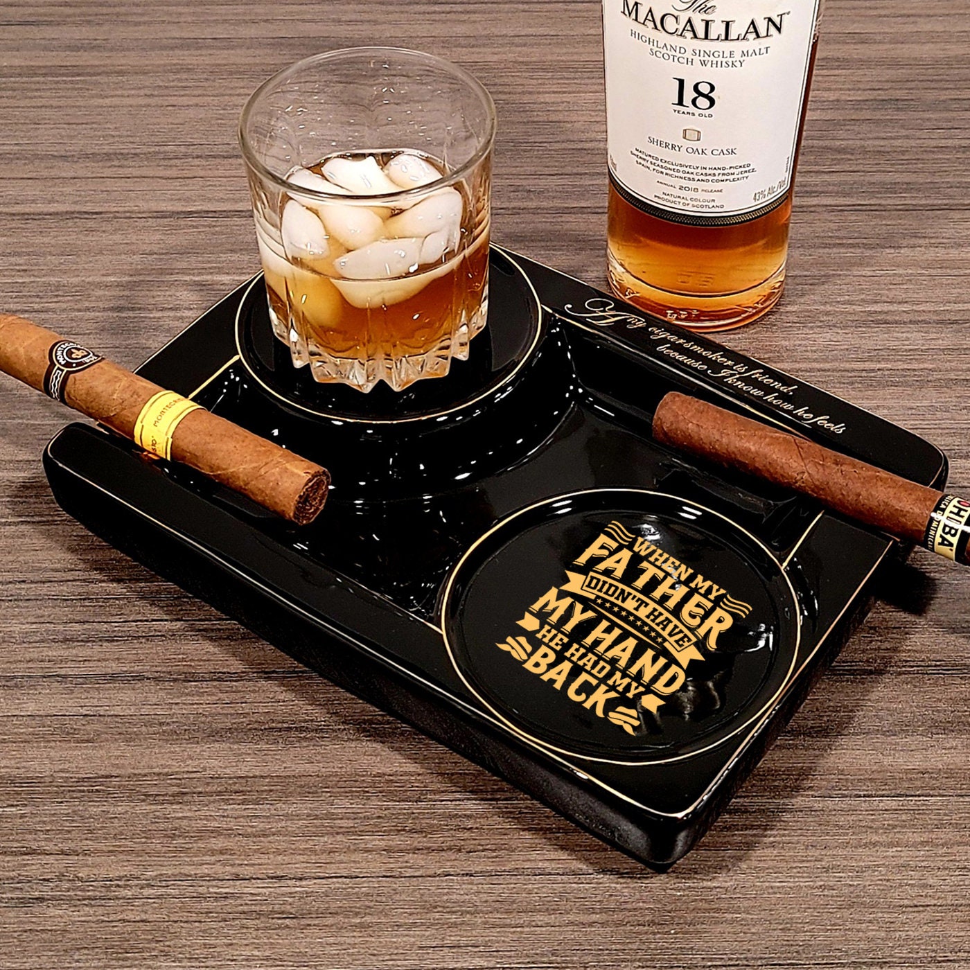 OILP Metal Cigar Ashtray With Solid Wood Base – Gunmetal Finish, 4 Cigar Rests, Windproof For Home, Office, Bar (Black)-649759