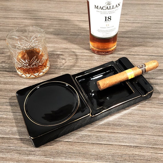 Personalisierter Keramik Zigarren Aschenbecher, Getränke Untersetzer Whisky  Tasse Glas Rest Verführung Schwarz mit Eleganten Gold Verzierungen - .de