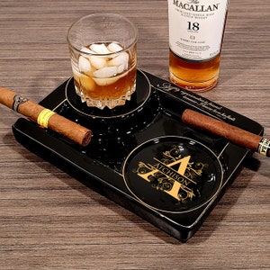 Personalized 2 Cigar Ceramic Ashtray, 2 Drink Coaster Whiskey Cup Glass rest Seduction Black with Elegant Gold Trims